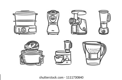 Home kitchen appliance hand drawn icons set with on blender, mixer, food processor, meat grinder and other. Vector illustration sketch icon