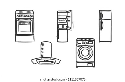 Home Kitchen Appliance Hand Drawn Icons Set With On Washing Machine, Stove, Oven, Refrigerator, Extractor Fan. Vector Illustration Sketch Icon