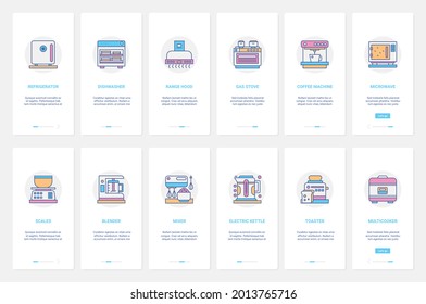Home kitchen appliances for food cooking vector illustration. UX, UI onboarding mobile app page screen set with line refrigerator dishwasher coffee machine scales mixer electric kettle toaster oven