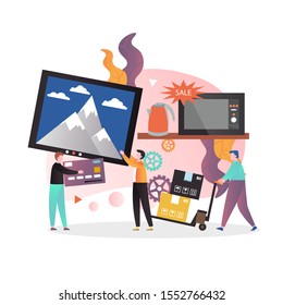 Home and kitchen appliances offers, discounts, vector illustration. Household equipment sale concept with micro characters shop assistant, man buying huge tv set using credit card.