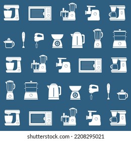Home kitchen appliances set and domestic electronics. Seamless pattern. Equipment kitchen cooking. Coffee maker, mixer, meat grinder, hood, scales, blender, microwave. Vector illustration Isolated.