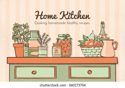 Home kitchen banner with vintage furniture, herbs, fruit and boxes, healthy lifestyle and food concept