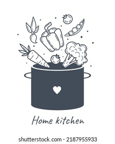 Home kitchen concept. Minimalist postcard design. Vegetables falling into pot. Healthy eating, veganism and proper diet. Carrots, broccoli, peas, peppers and tomato. Cartoon flat vector illustration