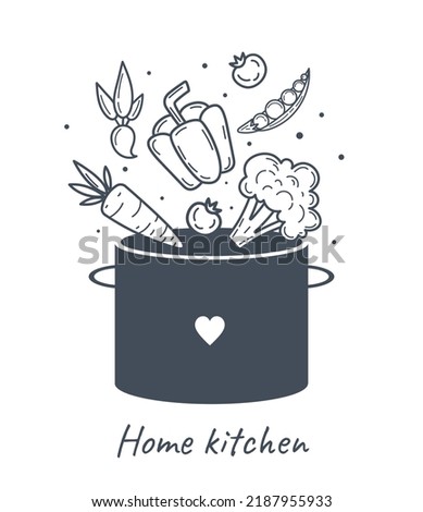 Home kitchen concept. Minimalist postcard design. Vegetables falling into pot. Healthy eating, veganism and proper diet. Carrots, broccoli, peas, peppers and tomato. Cartoon flat vector illustration