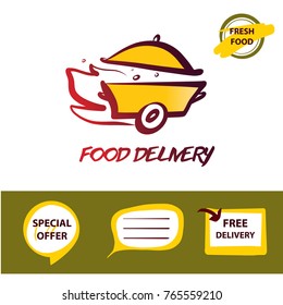 Home kitchen. Element design banner, poster, logo for cuisine service company. Vector illustration. Silhouette of pan with cap. Sketch image fire, steam, wheel. Concept template for fast delivery. 

