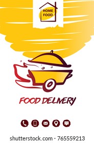 Home kitchen. Element design banner, poster, logo for cuisine service company. Vector illustration. Silhouette of pan with cap. Sketch image fire, steam, wheel. Concept template for fast delivery. 
