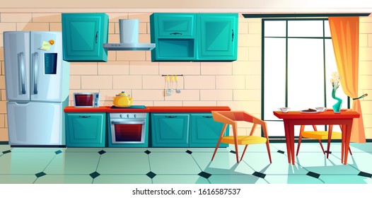 Home kitchen, empty interior with appliances for cooking and furniture, served table near large window, oven, range hood, refrigerator and utensil. Cozy clean dining-room. Cartoon vector illustration