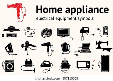 Home, kitchen equipment icon set. Hairdryer, iron, mixer, cleaner, microwave, toaster, televisor, computer, camera, cooler, symbols. Electrical appliance with plug. Black signs. Vector isolated.