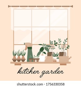 Home kitchen garden elements, watering spray, grass, potted flowers. Plant lady print, poster, stickers. Season hobby. Cooking herbs with labels, onion, parsley, basil. Balcony, window growing plants
