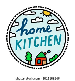 Home kitchen hand drawn vector logo illustration in cartoon doodle style delivery