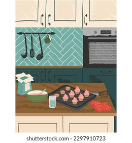 Home kitchen interior with cooked muffin on table