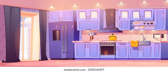 Home kitchen interior design cartoon illustration with cozy modern furniture. Pot on stove, knife on wall and kitchenware in cupboard. City view from window with curtain and sunlight in empty room