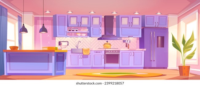 Home kitchen interior design. Vector cartoon illustration of clean dining room with blue wood and glass furniture, kitchenware on shelf, modern fridge and oven, daylight in window, flower pot on floor