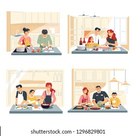 Home kitchen interior family cooking food or dinner vector meat and vegetables cutting and boiling soup and salad chicken and sausage ingredients mixing cooker and counters frypan and saucepan.