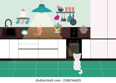 Home kitchen interior in minimalism style, flat style illustration
