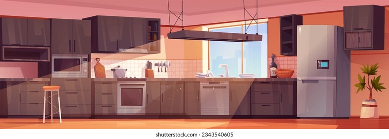 Home kitchen interior with modern furniture and clean tableware. Vector cartoon illustration of large room with brown drawers and cupboards, fridge, oven, dishes in sink, sun shining through window