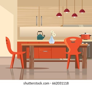 Home kitchen interior. Vector flat cartoon illustration
