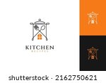 Home kitchen logo with the concept of a house shape, pan, spoon and fork. Simple line design style, great for restaurant logos, home made food, cutlery products, menus and recipes