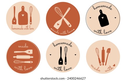 Home kitchen logo design. Bakery shop logo. Set of tools for making cakes, cookies and pastries.Vector illustration for menu, recipe book, baking shop, cafe. Made with love