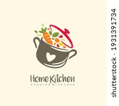 Home kitchen logo with pot full of healthy vegetables and vitamins. Cooking with love logo design idea for grandma food. Playful symbol idea with colorful ingredients. Vector icon.