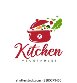 Home kitchen logo with pot full of vegetables and healthy vitamins. Cooking with logo design ideas. Fun symbol idea with cabbage, carrot, onion, tomato ingredients. Vector icon.