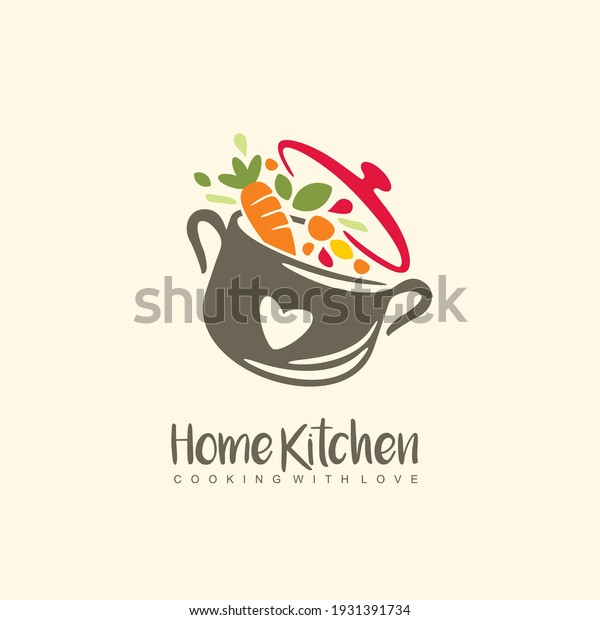 Home kitchen\
logo with pot full of healthy vegetables and vitamins. Cooking with\
love logo design idea for grandma food. Playful symbol idea with\
colorful ingredients. Vector\
icon.