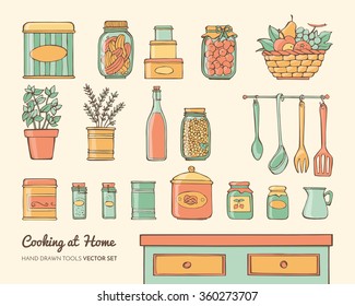 Home kitchen objects set with food, herbs and utensils, hand drawn