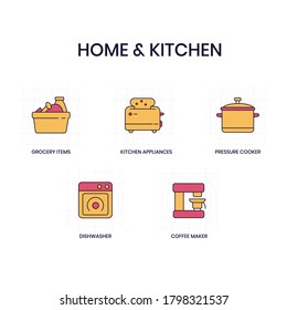 Home & Kitchen outline icon set pixel perfect. Contains such Icons as Grocery Items, Dishwasher and more