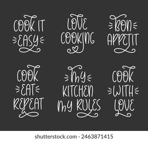 Home Kitchen Quotes. Cute Family Cooking Phrases. Cook Eat Repeat, My Kitchen My Rules, Bon Appetit, Love Cooking Saying Graphic Prints for T Shirt, Cup, Apron.