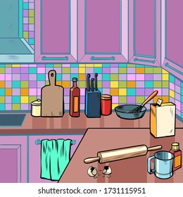 Home kitchen room background. Pop art retro vector illustration 50s 60s style
