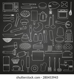 home kitchen tools and food outline icon on blackboard eps10