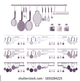 Home kitchen utensil set, cookware and cooking objects. Pans steel pieces, tools, useful accessories and storing gadgets for perfect cooking. Vector flat style cartoon illustration, different views