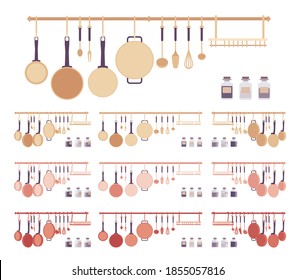 Home kitchen utensil set, cookware and cooking objects. Pans steel pieces, tools, useful accessories and storing gadgets for perfect cooking. Vector flat style cartoon illustration, different views