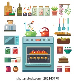Home Kitchenware, Food And Devices In Color Vector Flat Illustrations. Stove, Oven With Baking, Refrigerator, Condiments, Jars Of Jam