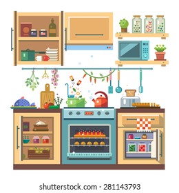 Home kitchenware, food and devices in color vector flat illustration. Stove, oven with baking, refrigerator, condiments