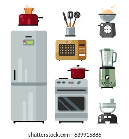 Home kitchenware, food and devices in color vector flat illustration. Stove, dishes, oven with roasting, blender and microwave oven, toaster, meat grinder and refrigerator.