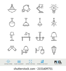 Home lamps related vector line icon set isolated on white. Pixel perfect design. Editable stroke. Adjust line weight. Expand to any size. Change to any color.