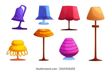 Home lamps set isolated on white background. Vector cartoon illustration of retro floor and table lights with color textile shades and wooden stands, interior design elements, electric equipment