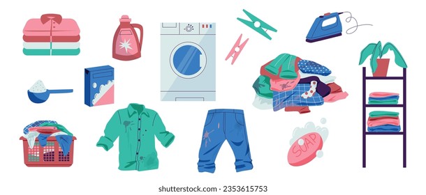 Home laundry. Cartoon dirty laundry in washing machine, laundry basket with clothes, detergent washer and bleach. Vector flat set. Stained shirts, jeans, iron and clothespins for household chores