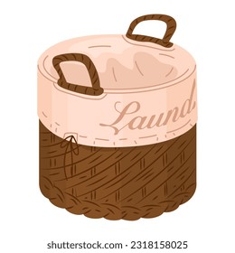 Home laundry concept. Empty wicker basket with fabric cover and 
 lettering. Household items. Maintaining cleanliness in the house. Interior element. Vector illustration isolated on white background.