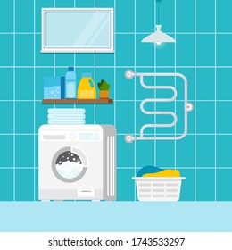 Waschküche mit Waschmaschine innen Szene. Wohnzimmer mit Fliesenwand und beheiztem Handtuchhalter, Sanitärarmatur, Fenster, Regal, saubere Wäsche, Korb mit schmutziger Wäsche. Flachdesign Cartoon Vektorgrafik.