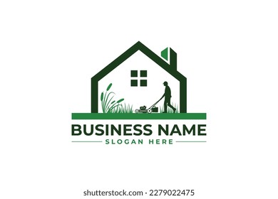  home with lawn-mower logo. lawn care, grass trimming, landscape, grass, agriculture concept logo design