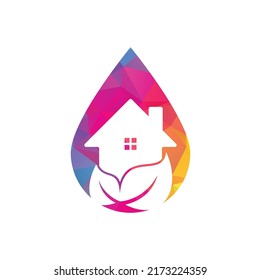 Home leaf drop shape concept vector logo design. Fresh home icon with green leaf vector logo design