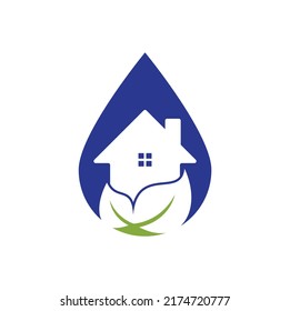 Diseño del logotipo vectorial de la forma de caída de hoja del hogar. Icono de casa fresca con diseño de logotipo de vector de hoja verde