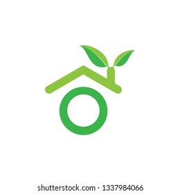 Home with leaf eco green home logo design