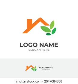 Logo-Vorlage für das Heimblatt, Haus und Blatt, kombiniertes Logo mit flachem Grün und orangefarbenem Stil