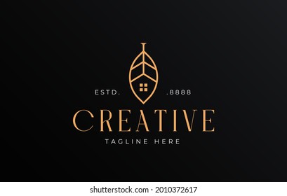 Home Leaf Nature Logo Design Template. Vector Illustration of Elegance houses and plants stay at home . Vintage Modern Logo Line Art Design Template