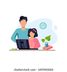 Home Learning, Home Activity Concept. Father Is Helping Student To Do Homework. Vector Illustration Isolated On White Background. Flat Cartoon Style Design.