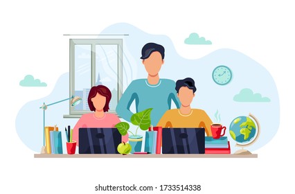 Home learning, home activity concept. Father is helping students to do homework. Vector illustration isolated on white background. Flat cartoon style design.