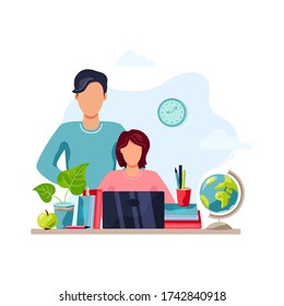 Home learning, home activity concept. Father is helping student to do homework. Vector illustration isolated on white background. Flat cartoon style design.